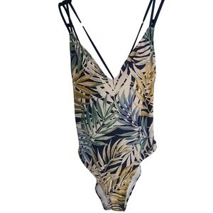 Hurley Womens XL Tropical Palm Leaf Bikini Top Navy Green Gold Swimwear
